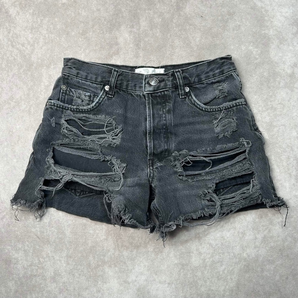 We The Free Free People Black Distressed Denim Shorts High Rise Cut Off Size 24